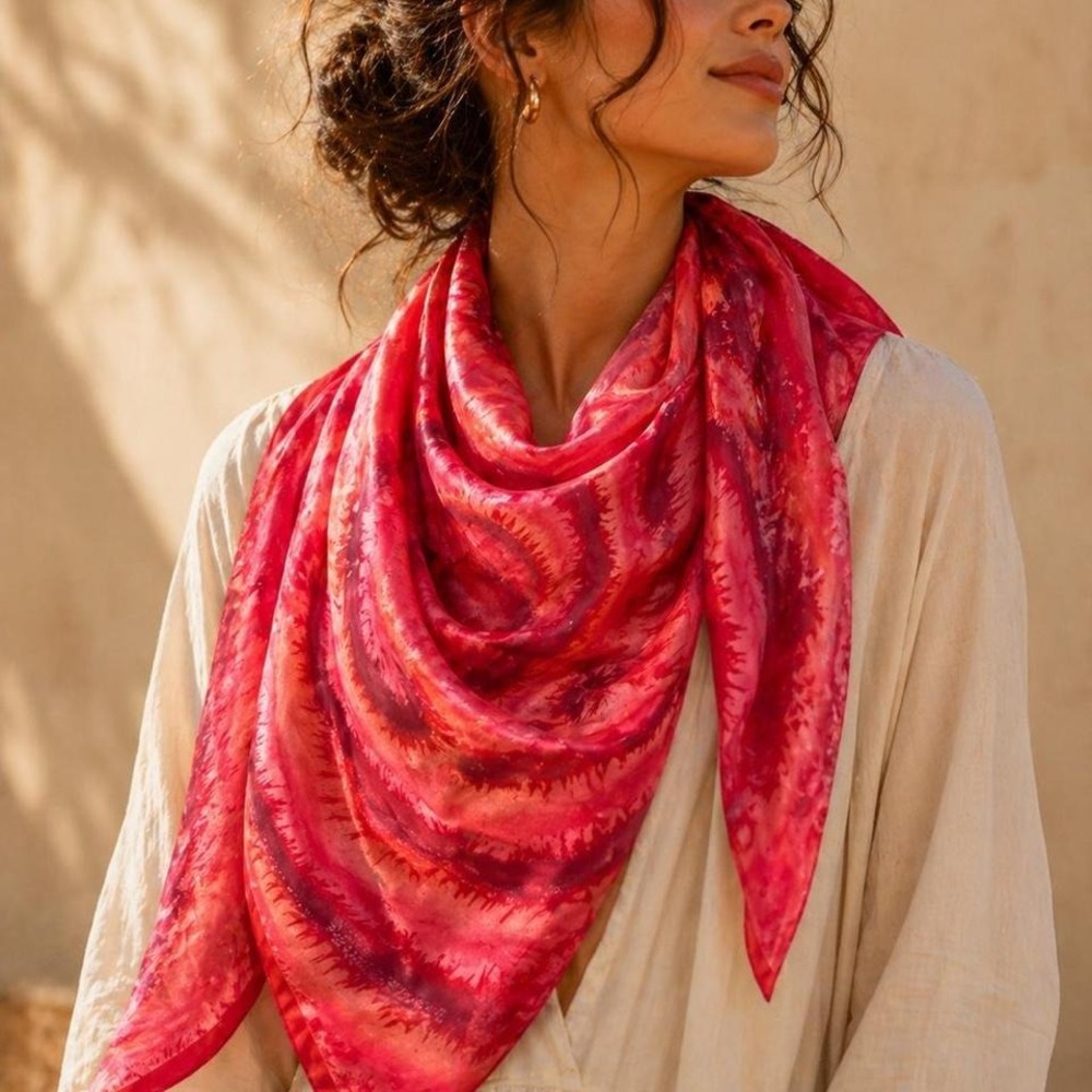 Le Mie Sete red silk Italian hand painted scarf - Picture 1 of 4